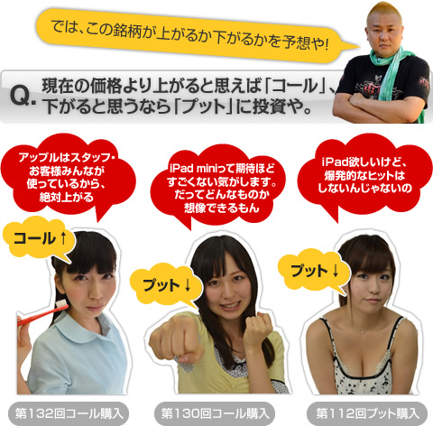 では、この銘柄が上がるか下がるかを予想や！現在の価格より上がると思えば「コール」、下がると思うなら「プット」に投資や。